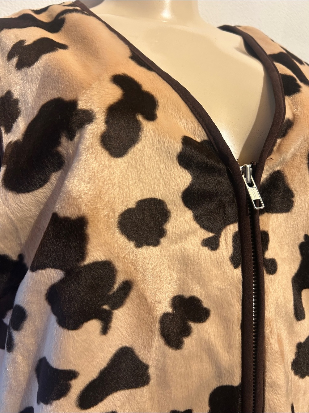 White Stag Beige & Dark Brown Faux Fur Cow-Print Zip Vest - Picture 3 of 7